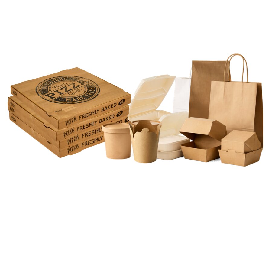 Auswahl nachhaltiger Gastro-Verpackungen, Pizzakartons, Becher und Tragetaschen